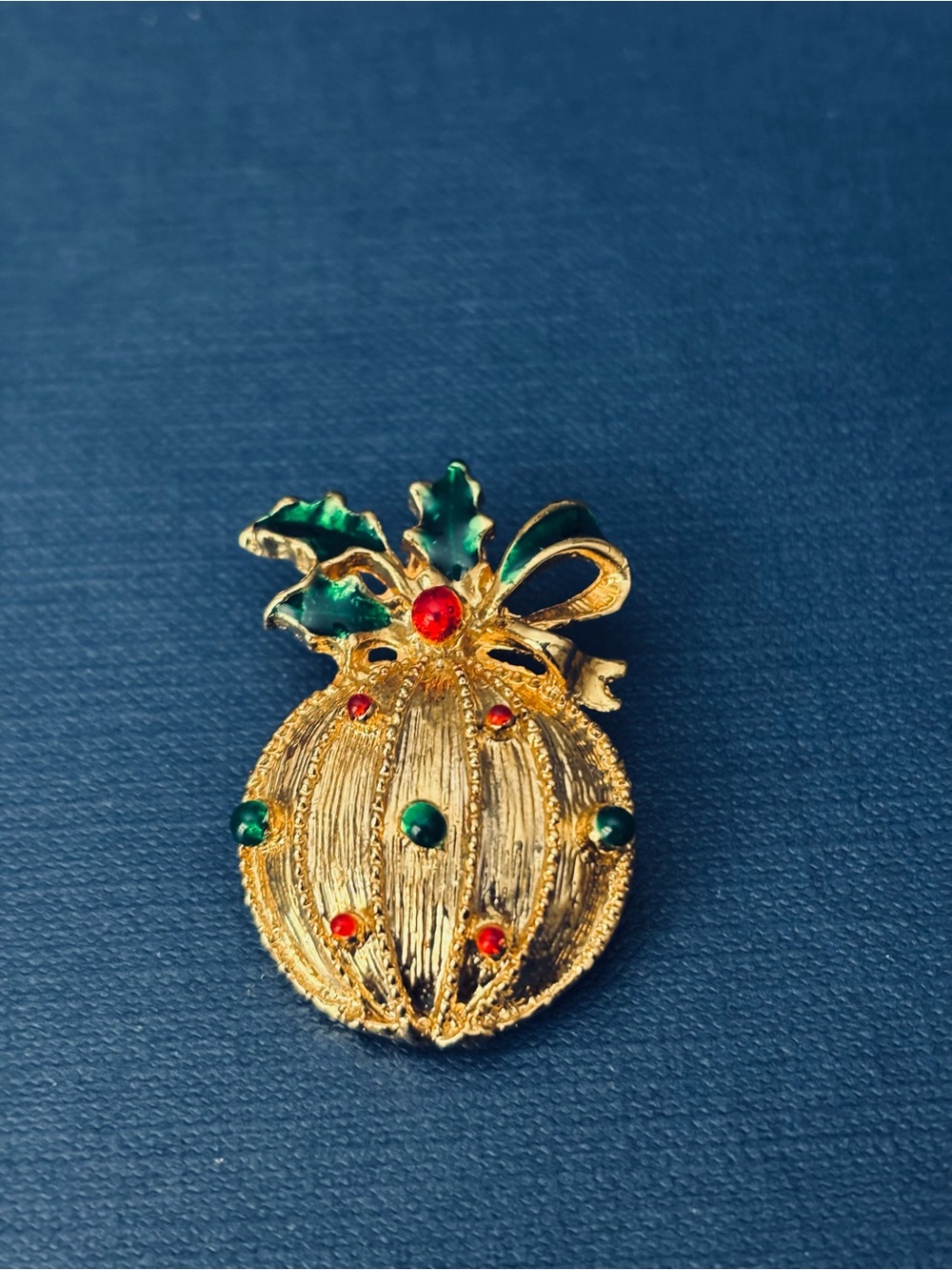 Vintage Gold-Tone Holiday Ornament Brooch with Green and Red Enamel